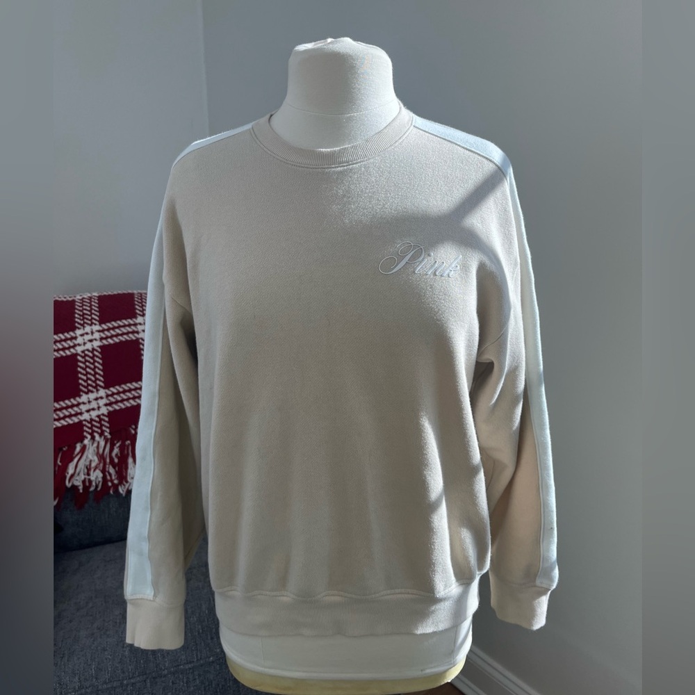 Victoria Secret PINK Sweater Medium Beige White Crew Neck Pullover Long Sleeve